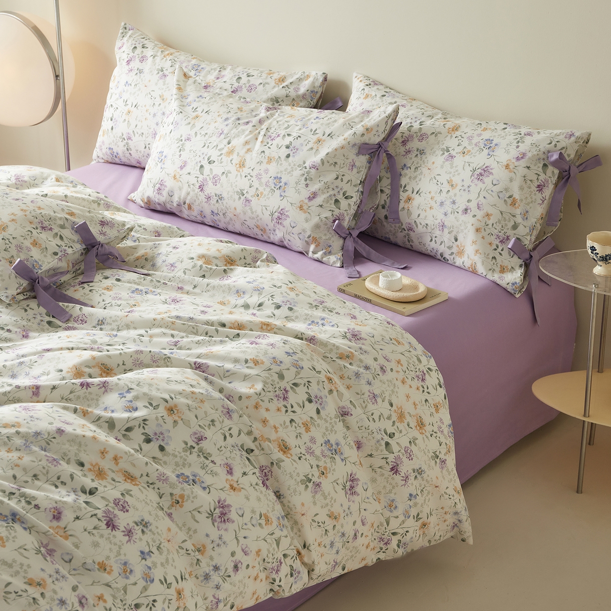 91家纺网 家纺一手货源 找家纺 绫韵家纺 2026新款春夏13372全棉蝴蝶结四件套系列 紫霞