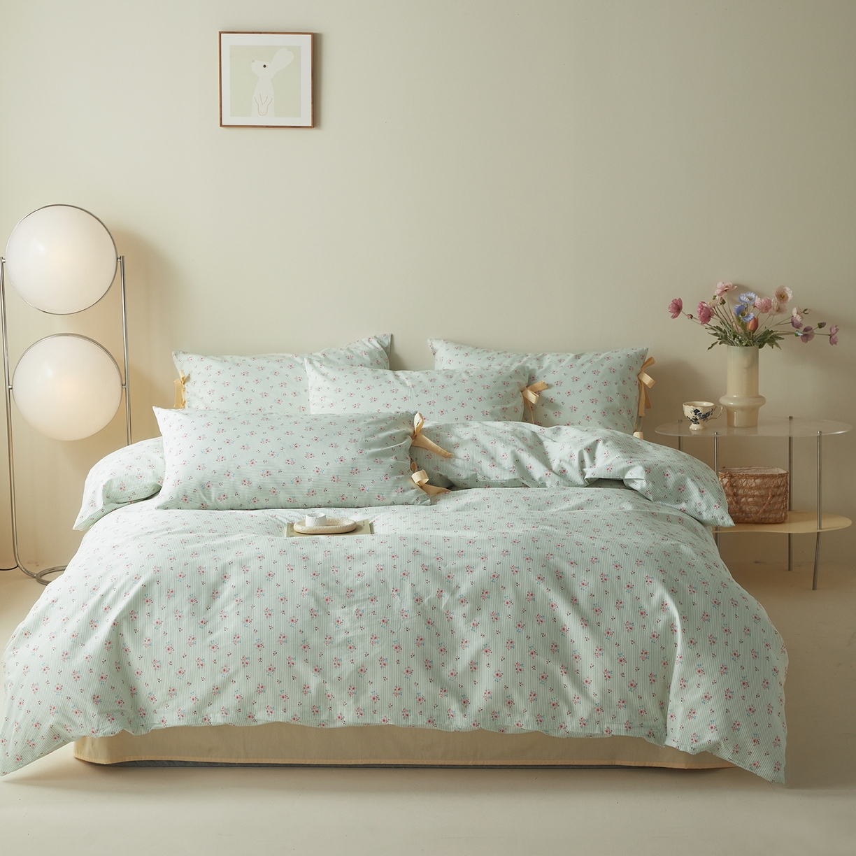 绫韵家纺 2026新款春夏13372全棉蝴蝶结四件套系列 香山雪