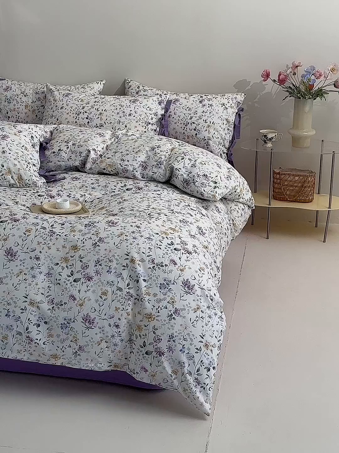 91家纺网 家纺一手货源 找家纺 绫韵家纺 2026新款春夏13372全棉蝴蝶结四件套系列 紫霞