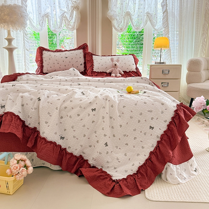 91家纺网 家纺一手货源 找家纺 韩约家纺 2026新款法式大花边泡芙棉床单款夏凉被空调被被套四件套 爱心蝴蝶结