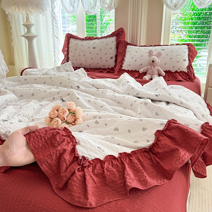 91家纺网 家纺一手货源 找家纺 韩约家纺 2026新款法式大花边泡芙棉床单款夏凉被空调被被套四件套 爱心蝴蝶结