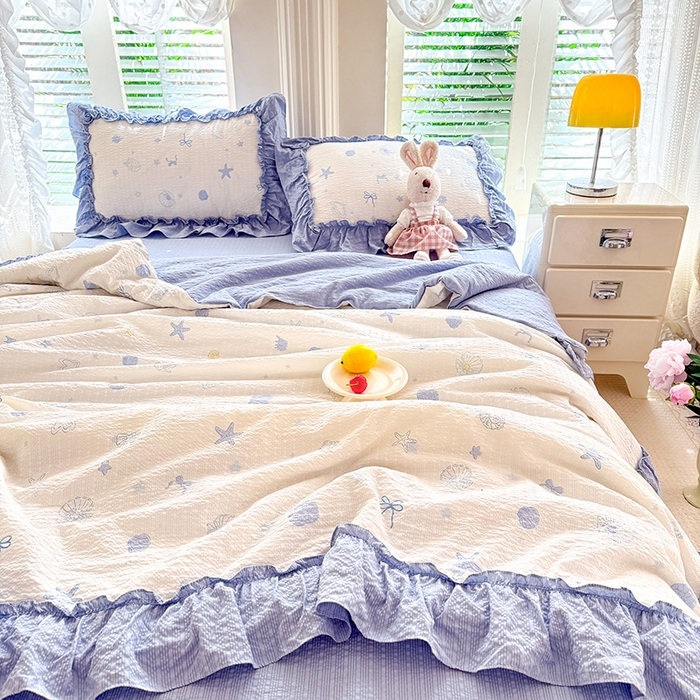 91家纺网 家纺一手货源 找家纺 韩约家纺 2026新款法式大花边泡芙棉床单款夏凉被空调被被套四件套 睛喜