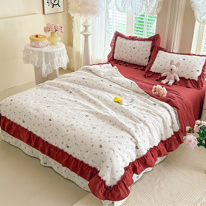 91家纺网 家纺一手货源 找家纺 韩约家纺 2026新款法式大花边泡芙棉床单款夏凉被空调被被套四件套 爱心蝴蝶结