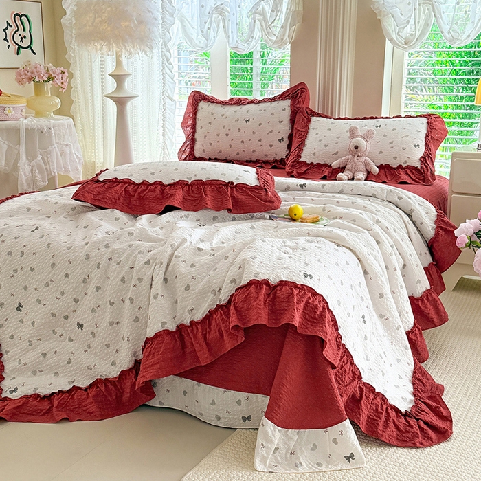 91家纺网 家纺一手货源 找家纺 韩约家纺 2026新款法式大花边泡芙棉床单款夏凉被空调被被套四件套 爱心蝴蝶结