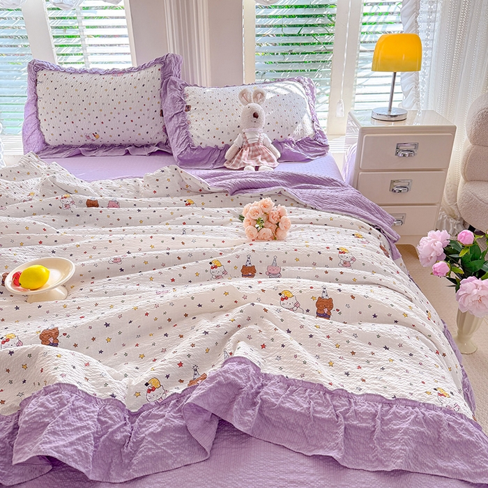 91家纺网 家纺一手货源 找家纺 韩约家纺 2026新款法式大花边泡芙棉床单款夏凉被空调被被套四件套 布蕾可可