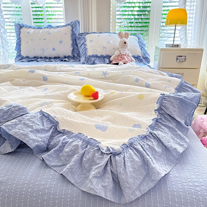 91家纺网 家纺一手货源 找家纺 韩约家纺 2026新款法式大花边泡芙棉床单款夏凉被空调被被套四件套 睛喜