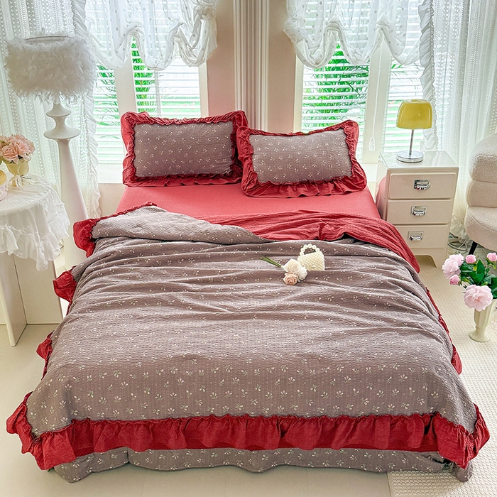 91家纺网 家纺一手货源 找家纺 韩约家纺 2026新款法式大花边泡芙棉床单款夏凉被空调被被套四件套 花见喜