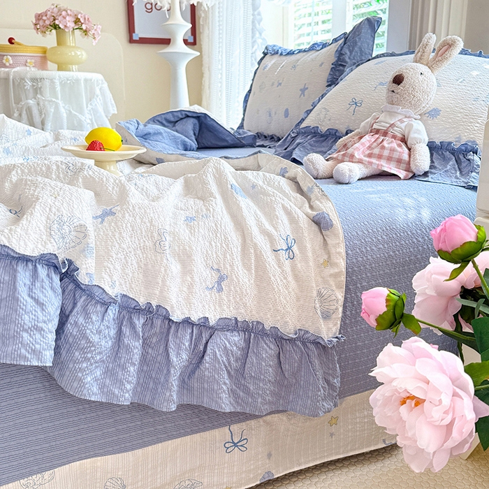 91家纺网 家纺一手货源 找家纺 韩约家纺 2026新款法式大花边泡芙棉床单款夏凉被空调被被套四件套 睛喜