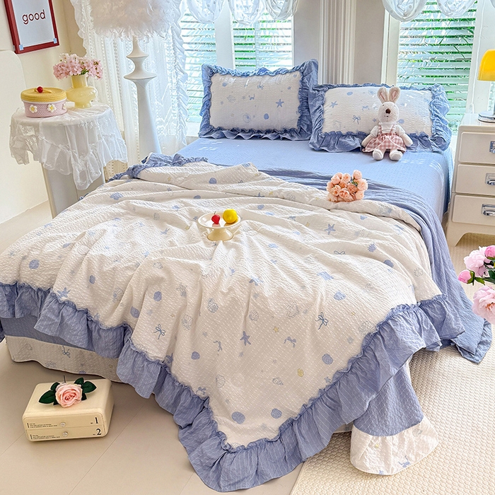 91家纺网 家纺一手货源 找家纺 韩约家纺 2026新款法式大花边泡芙棉床单款夏凉被空调被被套四件套 睛喜