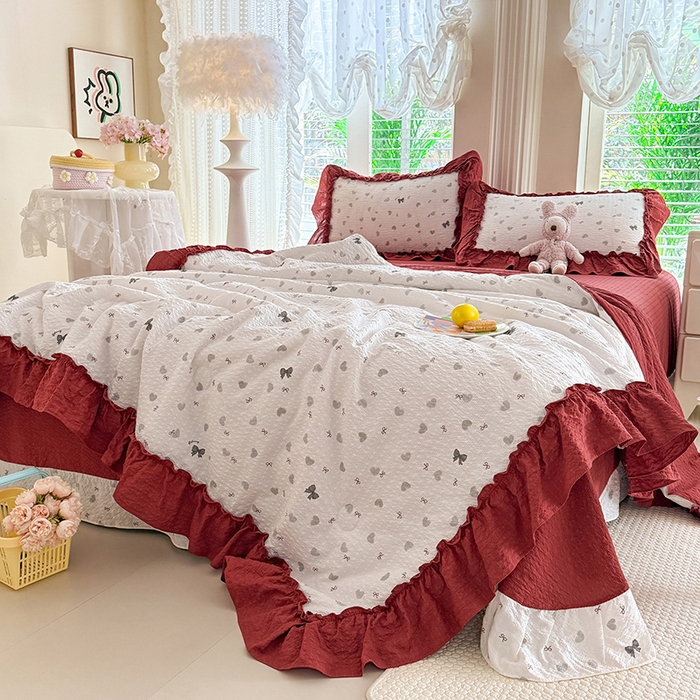 91家纺网 家纺一手货源 找家纺 韩约家纺 2026新款法式大花边泡芙棉床单款夏凉被空调被被套四件套 爱心蝴蝶结