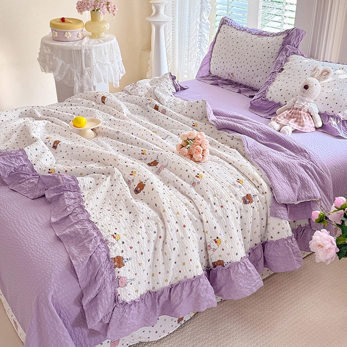 91家纺网 家纺一手货源 找家纺 韩约家纺 2026新款法式大花边泡芙棉床单款夏凉被空调被被套四件套 布蕾可可