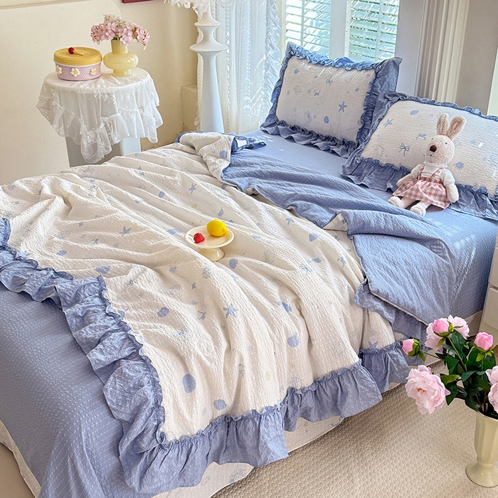 91家纺网 家纺一手货源 找家纺 韩约家纺 2026新款法式大花边泡芙棉床单款夏凉被空调被被套四件套 睛喜