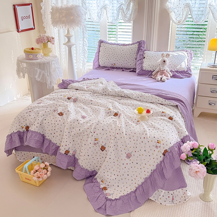 91家纺网 家纺一手货源 找家纺 韩约家纺 2026新款法式大花边泡芙棉床单款夏凉被空调被被套四件套 布蕾可可