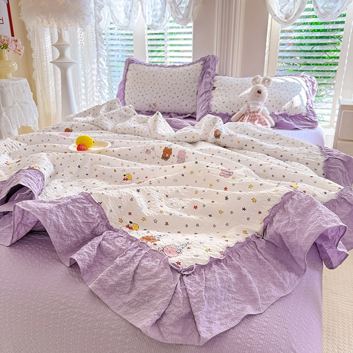 91家纺网 家纺一手货源 找家纺 韩约家纺 2026新款法式大花边泡芙棉床单款夏凉被空调被被套四件套 布蕾可可