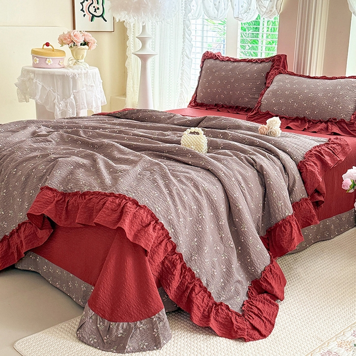 91家纺网 家纺一手货源 找家纺 韩约家纺 2026新款法式大花边泡芙棉床单款夏凉被空调被被套四件套 花见喜