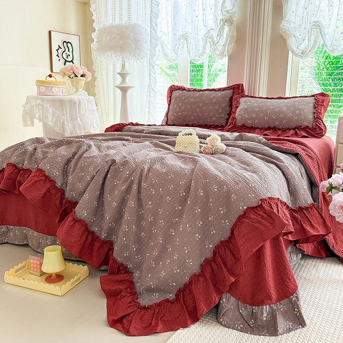 91家纺网 家纺一手货源 找家纺 韩约家纺 2026新款法式大花边泡芙棉床单款夏凉被空调被被套四件套 花见喜