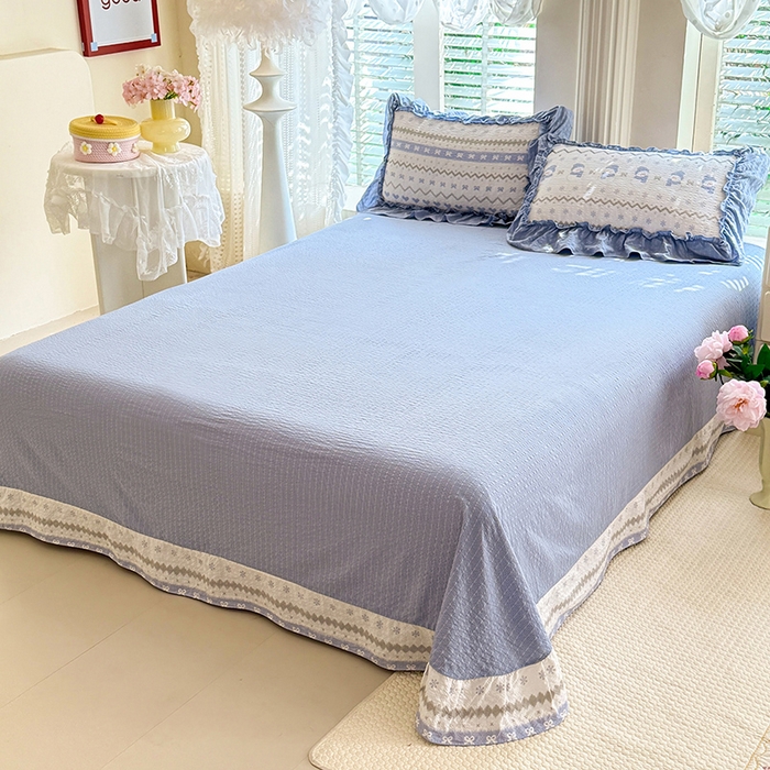 91家纺网 家纺一手货源 找家纺 韩约家纺 2026新款法式大花边泡芙棉床单款夏凉被空调被被套四件套 蓝星人