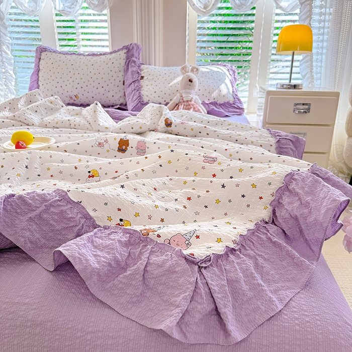 91家纺网 家纺一手货源 找家纺 韩约家纺 2026新款法式大花边泡芙棉床单款夏凉被空调被被套四件套 布蕾可可