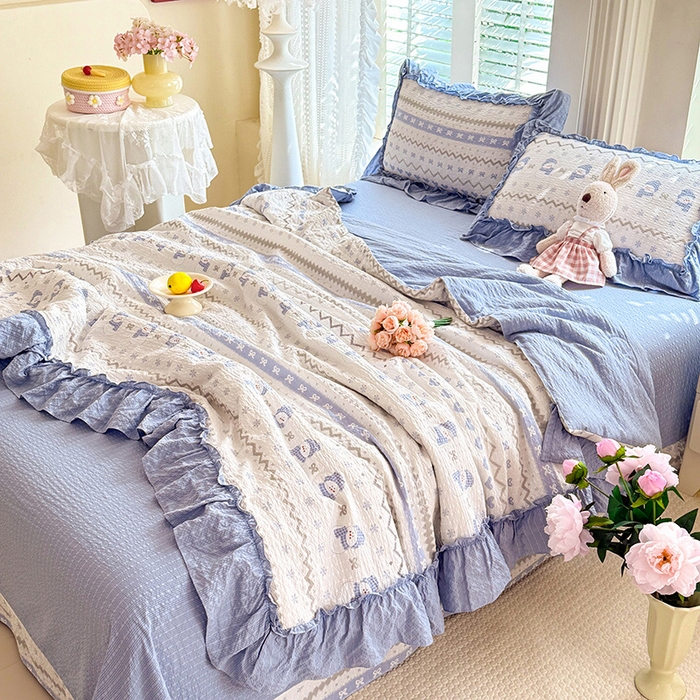 91家纺网 家纺一手货源 找家纺 韩约家纺 2026新款法式大花边泡芙棉床单款夏凉被空调被被套四件套 蓝星人