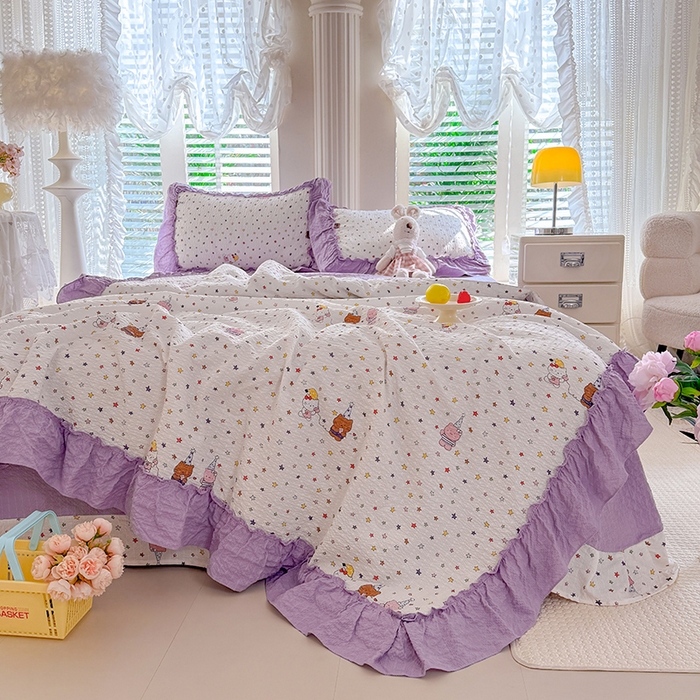 91家纺网 家纺一手货源 找家纺 韩约家纺 2026新款法式大花边泡芙棉床单款夏凉被空调被被套四件套 布蕾可可