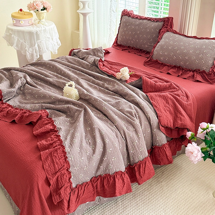 91家纺网 家纺一手货源 找家纺 韩约家纺 2026新款法式大花边泡芙棉床单款夏凉被空调被被套四件套 花见喜