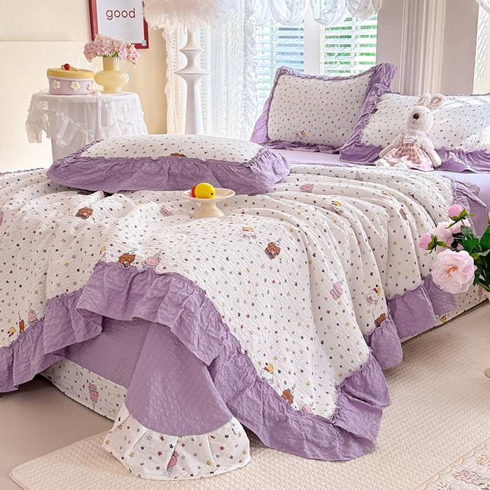 91家纺网 家纺一手货源 找家纺 韩约家纺 2026新款法式大花边泡芙棉床单款夏凉被空调被被套四件套 布蕾可可