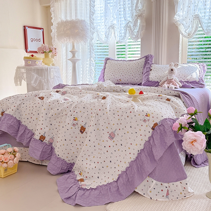 91家纺网 家纺一手货源 找家纺 韩约家纺 2026新款法式大花边泡芙棉床单款夏凉被空调被被套四件套 布蕾可可