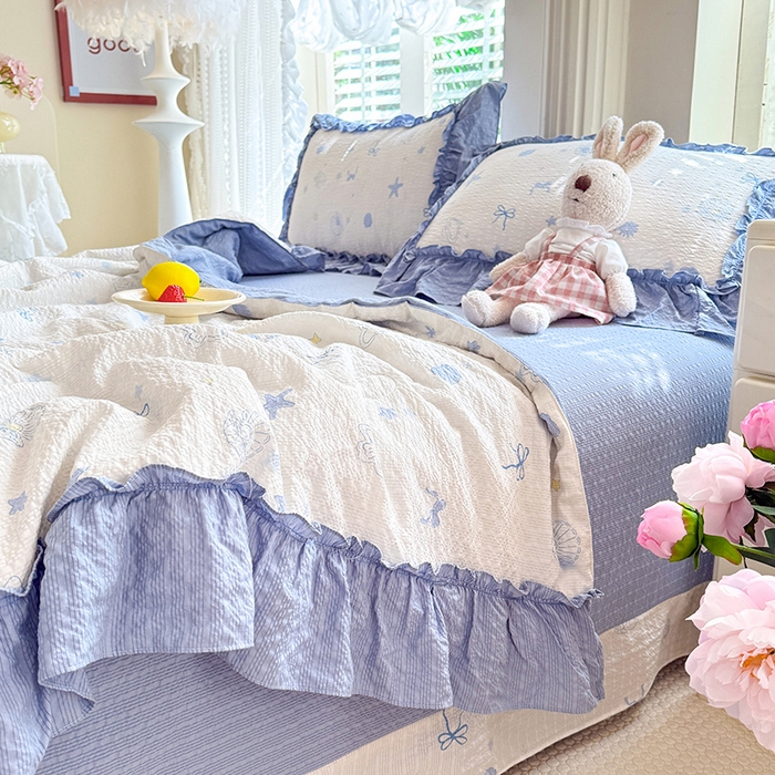 91家纺网 家纺一手货源 找家纺 韩约家纺 2026新款法式大花边泡芙棉床单款夏凉被空调被被套四件套 睛喜