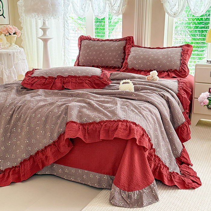 91家纺网 家纺一手货源 找家纺 韩约家纺 2026新款法式大花边泡芙棉床单款夏凉被空调被被套四件套 花见喜