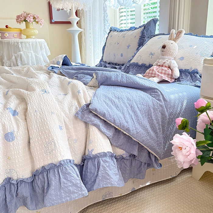 91家纺网 家纺一手货源 找家纺 韩约家纺 2026新款法式大花边泡芙棉床单款夏凉被空调被被套四件套 睛喜