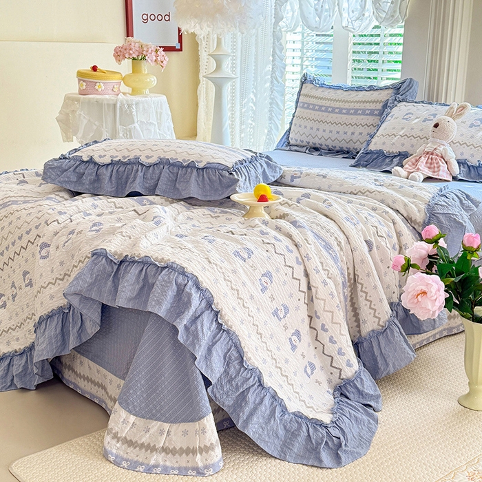 91家纺网 家纺一手货源 找家纺 韩约家纺 2026新款法式大花边泡芙棉床单款夏凉被空调被被套四件套 蓝星人