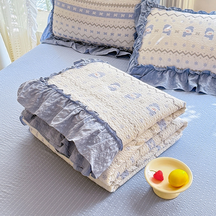 91家纺网 家纺一手货源 找家纺 韩约家纺 2026新款法式大花边泡芙棉床单款夏凉被空调被被套四件套 蓝星人