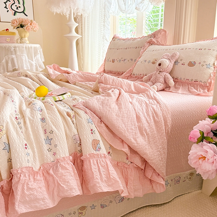 91家纺网 家纺一手货源 找家纺 韩约家纺 2026新款法式大花边泡芙棉床单款夏凉被空调被被套四件套 甜心kitty