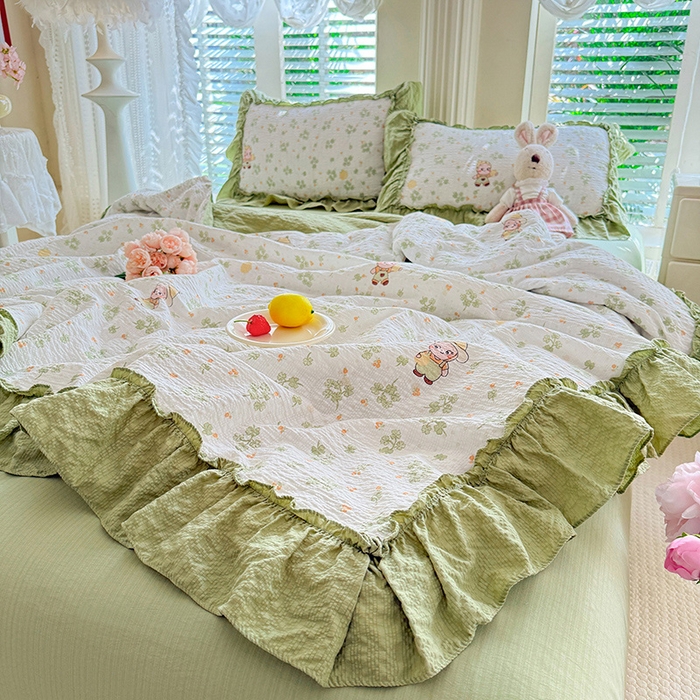 91家纺网 家纺一手货源 找家纺 韩约家纺 2026新款法式大花边泡芙棉床单款夏凉被空调被被套四件套 摩卡人生