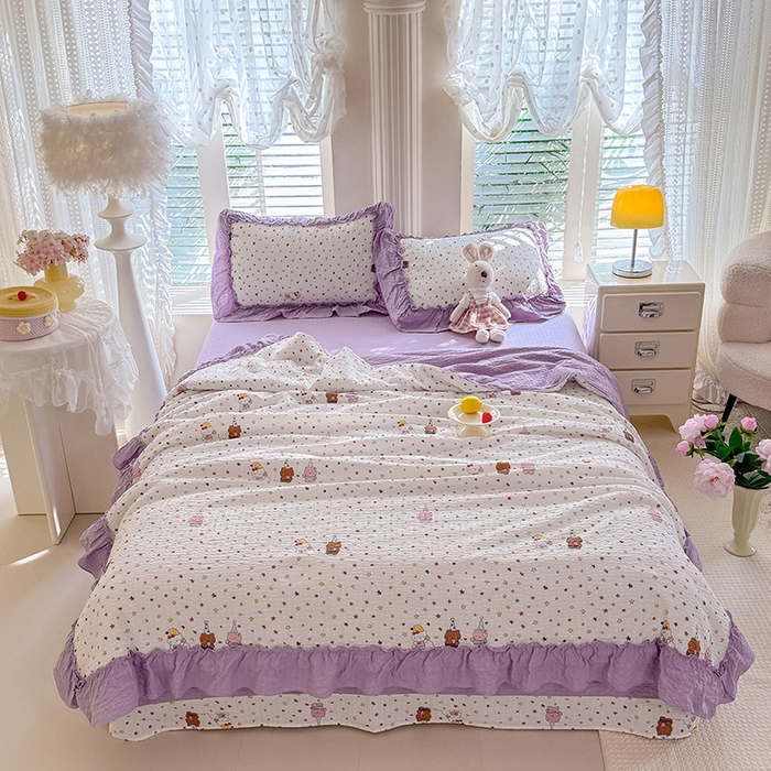 91家纺网 家纺一手货源 找家纺 韩约家纺 2026新款法式大花边泡芙棉床单款夏凉被空调被被套四件套 布蕾可可