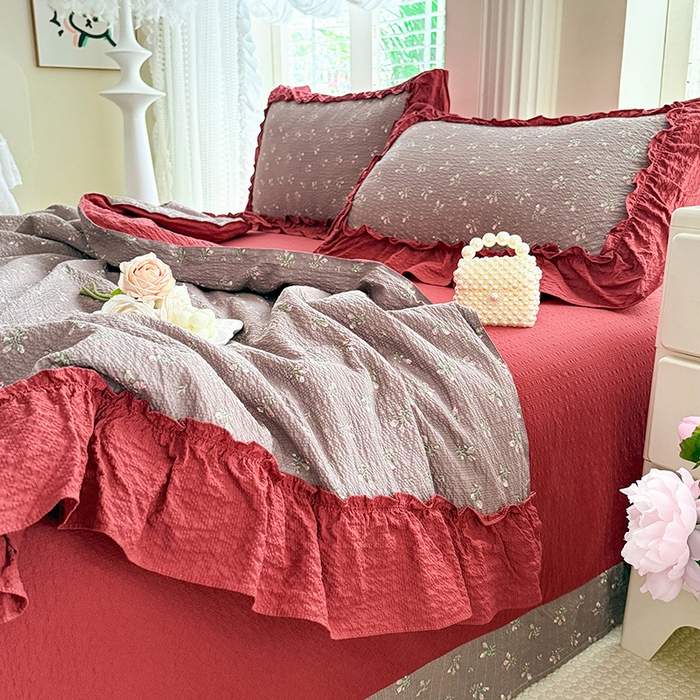 91家纺网 家纺一手货源 找家纺 韩约家纺 2026新款法式大花边泡芙棉床单款夏凉被空调被被套四件套 花见喜