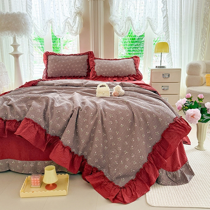 91家纺网 家纺一手货源 找家纺 韩约家纺 2026新款法式大花边泡芙棉床单款夏凉被空调被被套四件套 花见喜