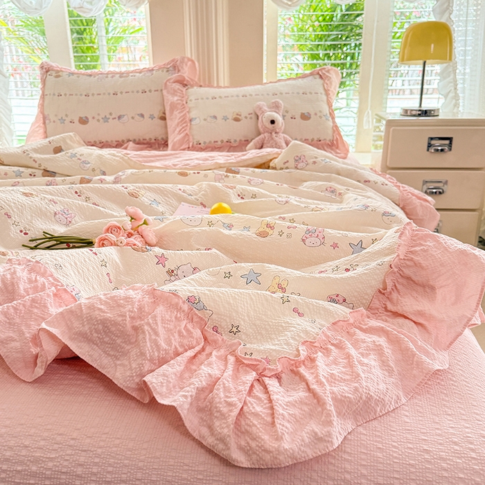 91家纺网 家纺一手货源 找家纺 韩约家纺 2026新款法式大花边泡芙棉床单款夏凉被空调被被套四件套 甜心kitty