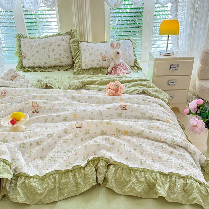 91家纺网 家纺一手货源 找家纺 韩约家纺 2026新款法式大花边泡芙棉床单款夏凉被空调被被套四件套 摩卡人生