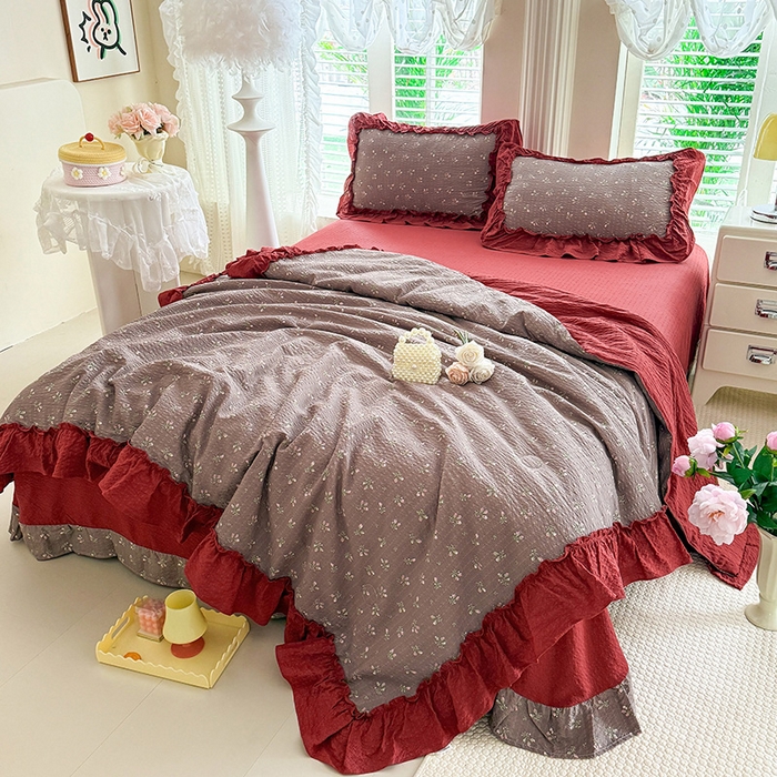 91家纺网 家纺一手货源 找家纺 韩约家纺 2026新款法式大花边泡芙棉床单款夏凉被空调被被套四件套 花见喜