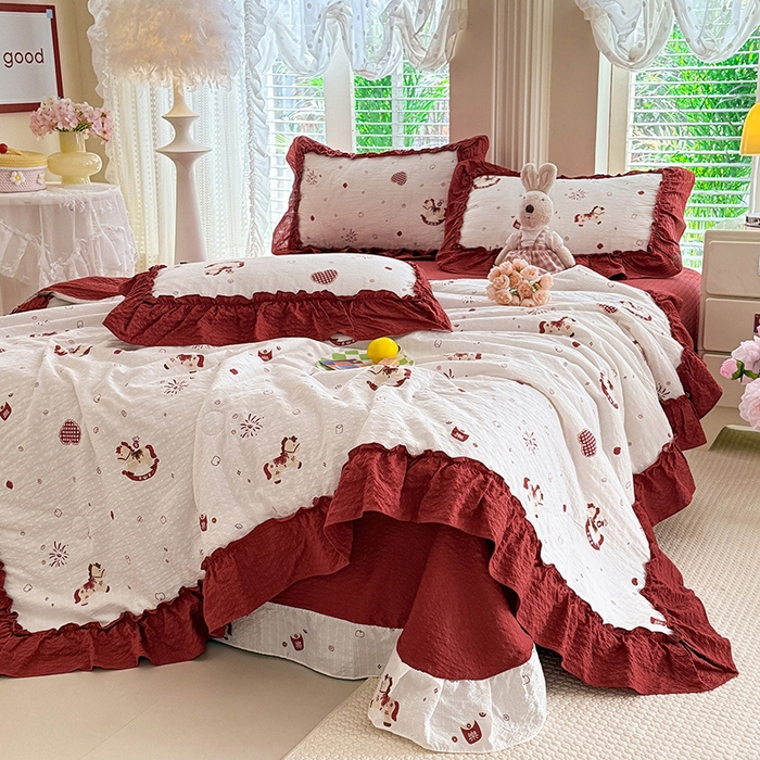 91家纺网 家纺一手货源 找家纺 韩约家纺 2026新款法式大花边泡芙棉床单款夏凉被空调被被套四件套 马上鸿运