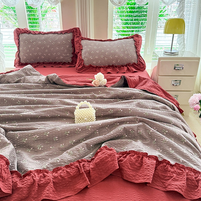 91家纺网 家纺一手货源 找家纺 韩约家纺 2026新款法式大花边泡芙棉床单款夏凉被空调被被套四件套 花见喜