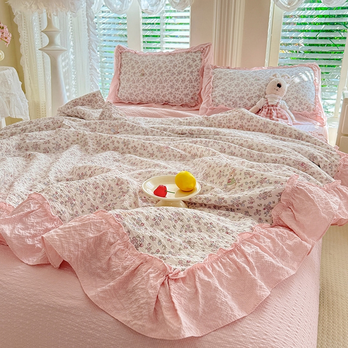 91家纺网 家纺一手货源 找家纺 韩约家纺 2026新款法式大花边泡芙棉床单款夏凉被空调被被套四件套 花涧