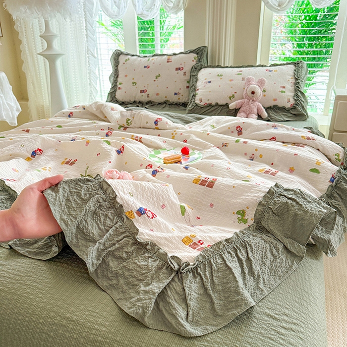 91家纺网 家纺一手货源 找家纺 韩约家纺 2026新款法式大花边泡芙棉床单款夏凉被空调被被套四件套 童趣