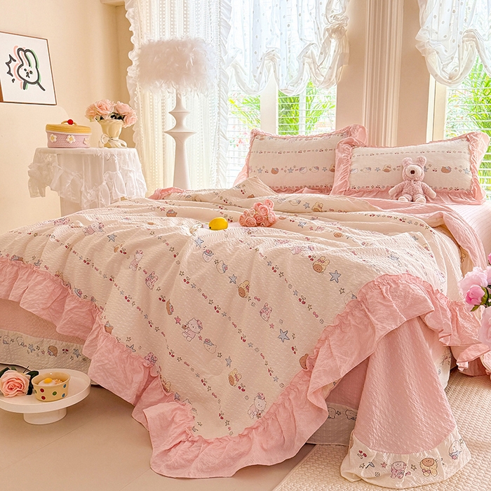 91家纺网 家纺一手货源 找家纺 韩约家纺 2026新款法式大花边泡芙棉床单款夏凉被空调被被套四件套 甜心kitty