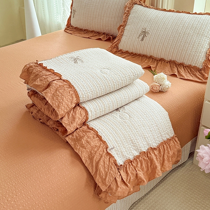 韩约家纺 2026新款法式大花边泡芙棉床单款夏凉被空调被被套四件套 蝴蝶结