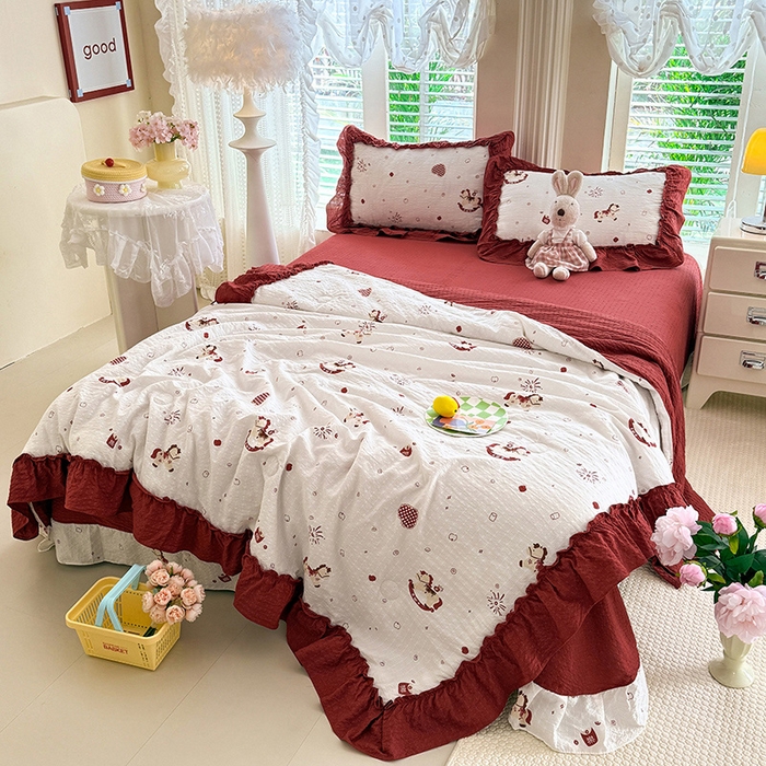 91家纺网 家纺一手货源 找家纺 韩约家纺 2026新款法式大花边泡芙棉床单款夏凉被空调被被套四件套 马上鸿运