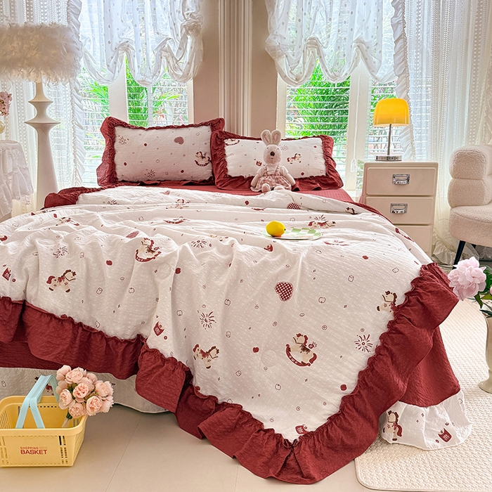 91家纺网 家纺一手货源 找家纺 韩约家纺 2026新款法式大花边泡芙棉床单款夏凉被空调被被套四件套 马上鸿运