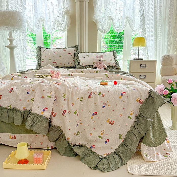 91家纺网 家纺一手货源 找家纺 韩约家纺 2026新款法式大花边泡芙棉床单款夏凉被空调被被套四件套 童趣