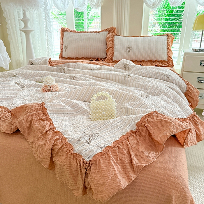 91家纺网 家纺一手货源 找家纺 韩约家纺 2026新款法式大花边泡芙棉床单款夏凉被空调被被套四件套 蝴蝶结